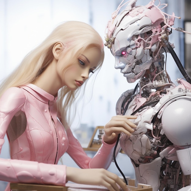 분홍색 옷을 입은 여성 로봇과 로봇