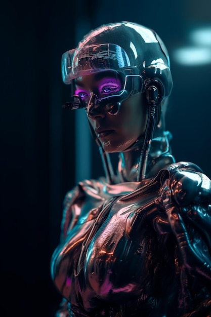 A female robot with purple glasses and purple glasses