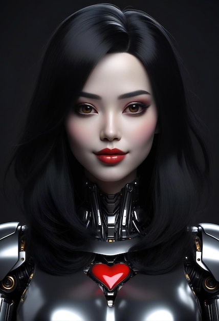 A female robot with red heart isolated on black background