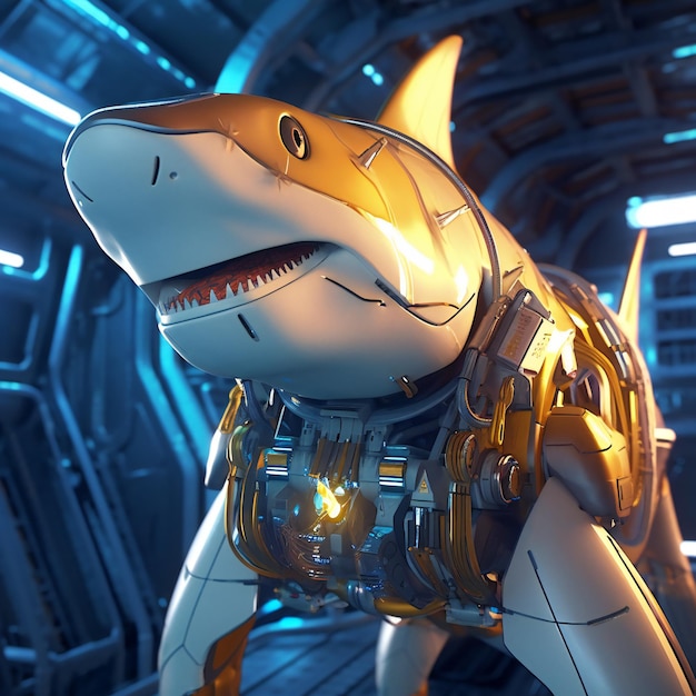 A female robot with a shark in the background