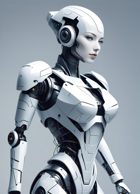 A female robot with white skin isolated on gray background