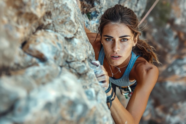 Female Rock Climber Ascending a Sheer Cliff