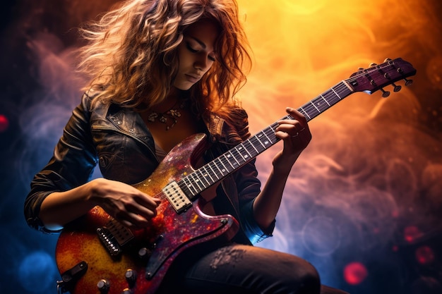 Female rock star is playing guitar