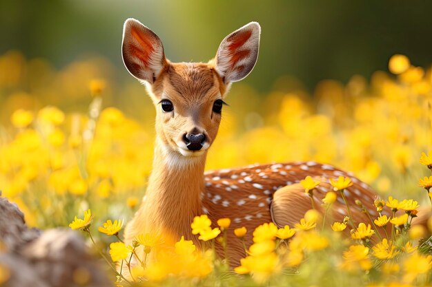 Female roe deer with beautiful flower