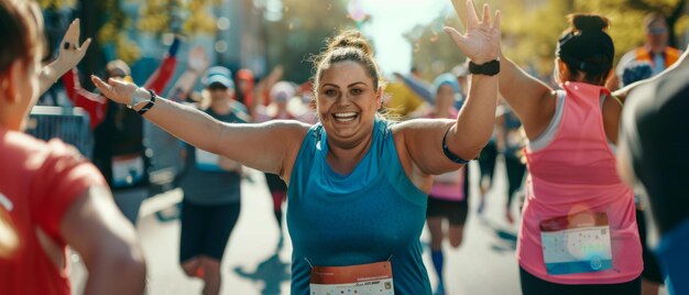 Photo female runner cross the finish line smiling displaying her willpower friendly city marathon audience showing support and highfiving