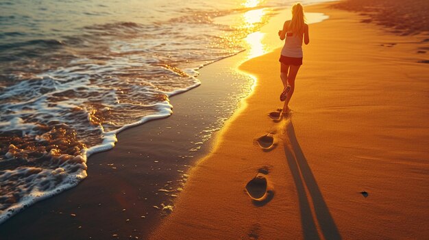 Photo a female runner sprints with vigor across the sandy shores of the beach