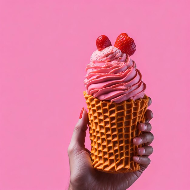 female's hand holding delicious soft ice cream in a crispy waffle cone on a pink scene