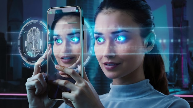 Photo female scans face using facial recognition system on smartphone for biometric identification