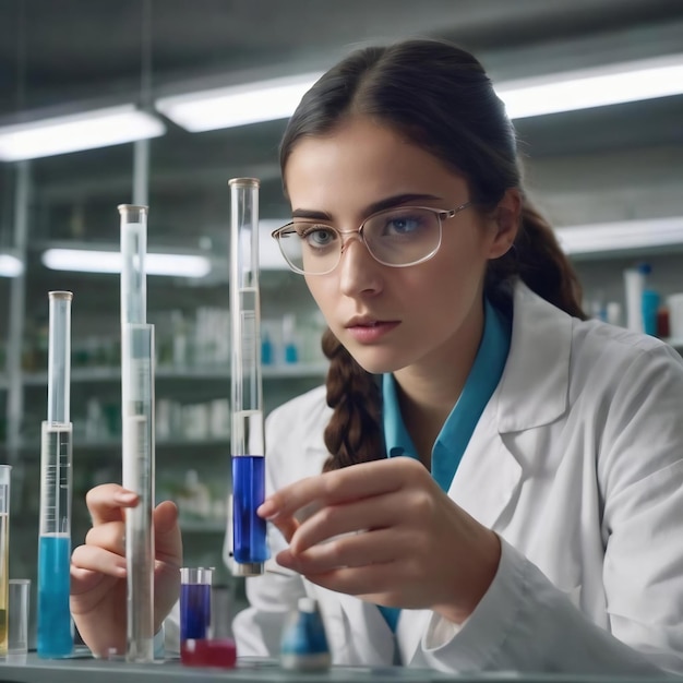 Female science student looking at a test tube