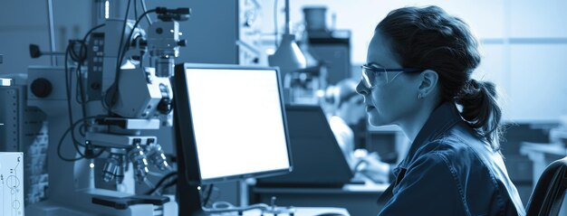研究室でコンピューターでデータを分析する女性科学者