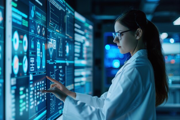 Female Scientist Analyzing Data on Futuristic Interface in Lab