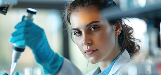 Photo female scientist conducting analysis with micro pipette in advanced medical research laboratory pioneering developments in medicine biotechnology and microbiology