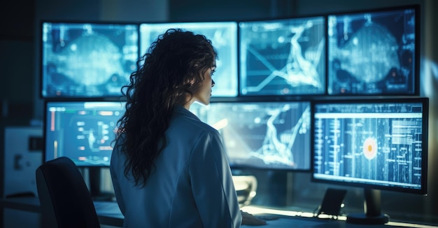 Female scientist in front of multi monitors