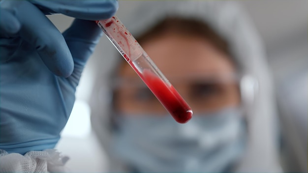 テストチューブで血液のサンプルを手で検査する女性科学者コロナウイルスに対する医学的血液診断を行うクローズアップ実験室技術者モバイル実験室で働く保護スーツを着た救急医