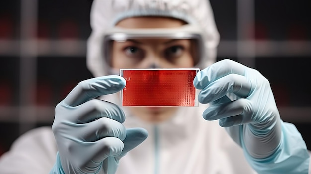 Female scientist holding a clip over a test