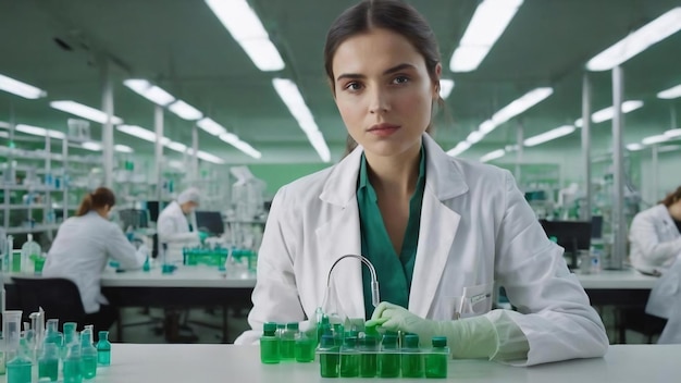 Female scientist holding a green solution while hear team works in the background