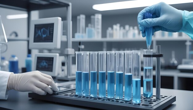 a female scientist is looking at a test tube with a blue liquid in it