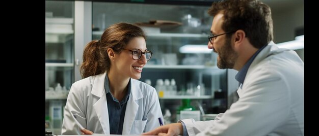 Photo a female scientist is talking to a male scientist