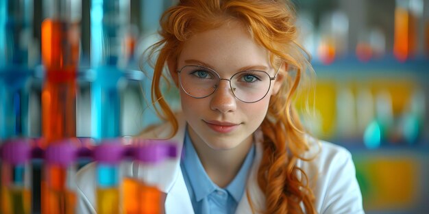 A female scientist in a lab coat examines liquids in glass containers Concept Science Laboratory Research Exploration Chemistry