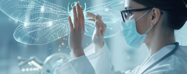 Photo female scientist in a lab coat and mask interacting with virtual holographic insect