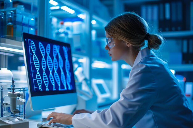 Photo female scientist in lab coat working on computer