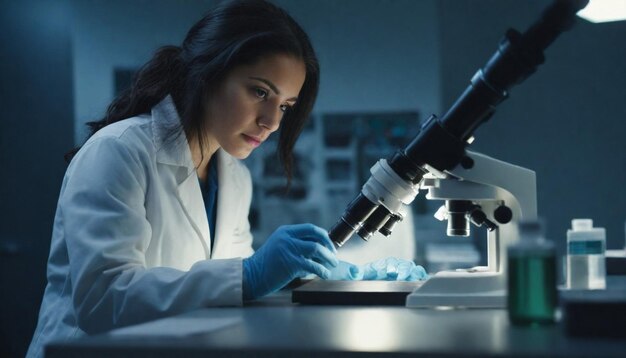 a female scientist looking through a microscope with a blue background