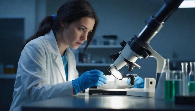 Photo a female scientist looking through a microscope with a blue gloved hand