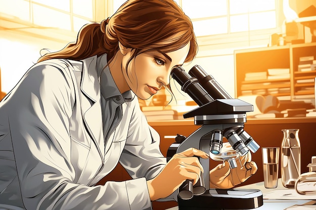 A female scientist looking through a microscope.