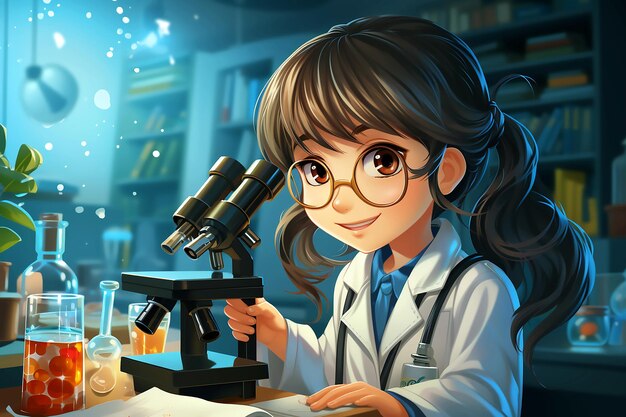 A female scientist looks through a microscope with glasses and a pen.