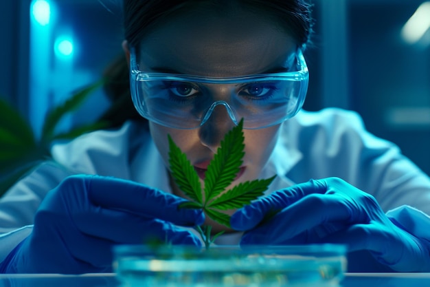 female scientist researching cannabis in the lab bokeh style background