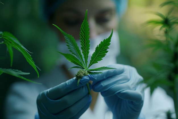 female scientist researching cannabis in the lab bokeh style background