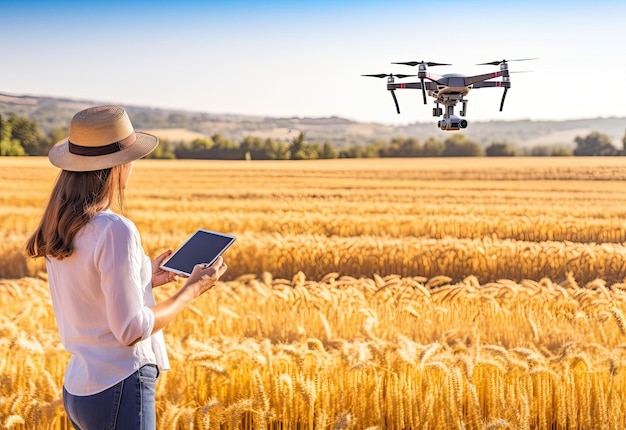 Photo a female scientist standing in a field holding a tablet computer with screen small drones in the a