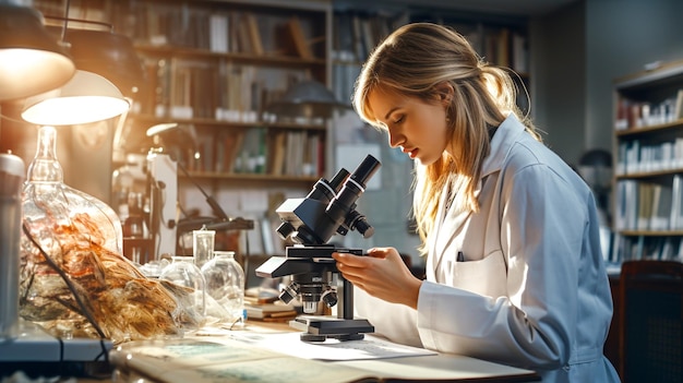 A female scientist using microscope in laboratory