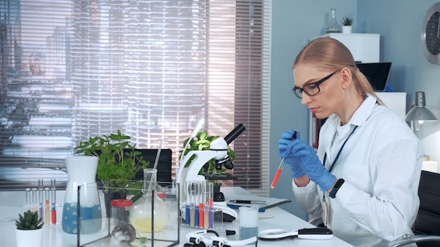 Female scientist using pipette and looking into microscope
