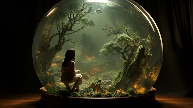 Photo female scientist watches her giant monster in an ovalshaped experimental glass ball