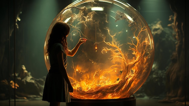 Photo female scientist watches her giant monster in an ovalshaped experimental glass ball