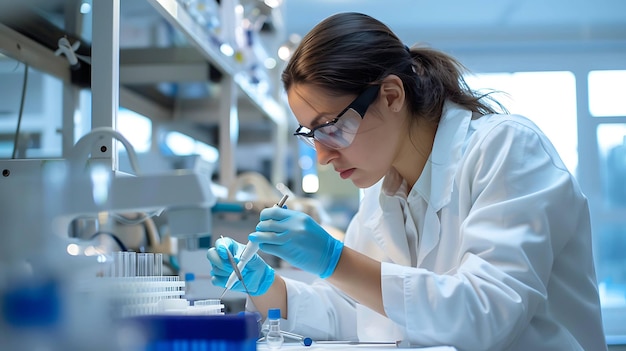 Женщина-ученый в лабораторном пальто и защитных очках работает в лаборатории. Она держит пипетку и пробирку.