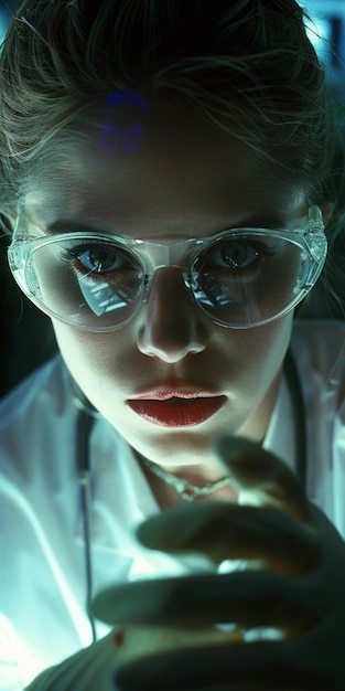 Photo a female scientist wearing safety glasses looks at a petri dish