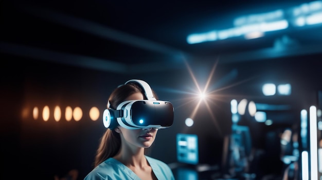 female scientist wearing virtual reality glasses in laboratory