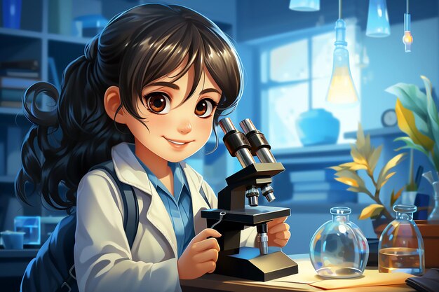 현미경과 액체 유리병을 들고 있는 여성 과학자.