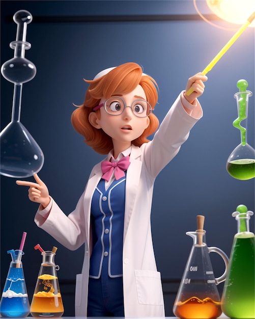 a female scientist with a test tube and a test tube with a red haired female scientist in the background.