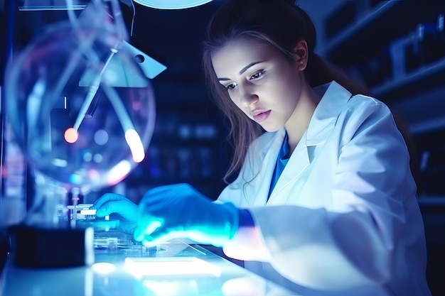 A female scientist working on a glass tube in a lab