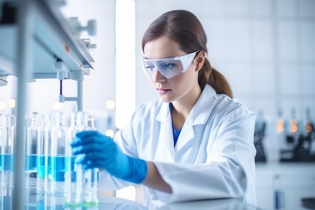 A female scientist working on a glass tube in a lab