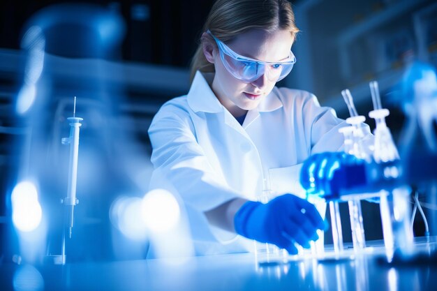 A female scientist working on a glass tube in a lab