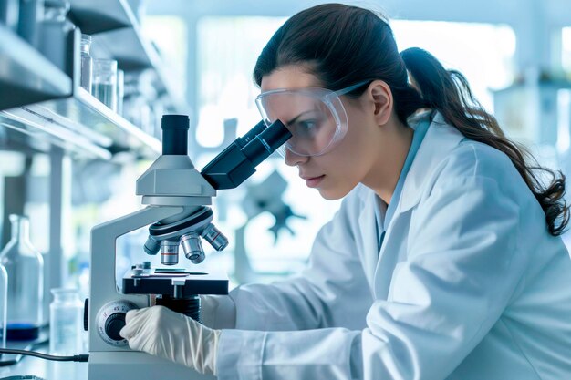 Female scientist working at the laboratory examines under microscope