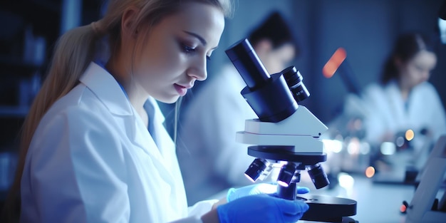 Female scientist working with microscope in laboratory Medical research blurred background