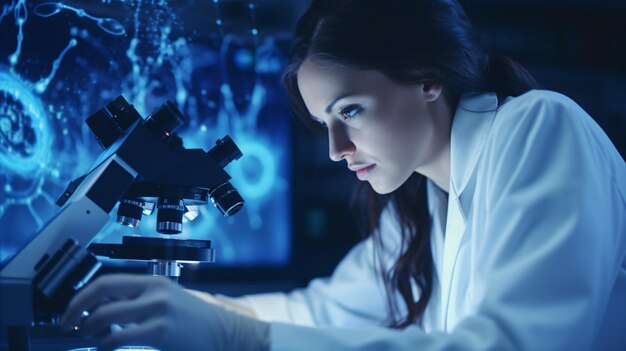 Женщина-ученый, работающая с микроскопом в лаборатории