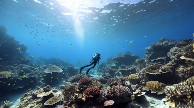 Female scuba diver exploring colorful coral reef in clear blue tropical sea among exotic fish