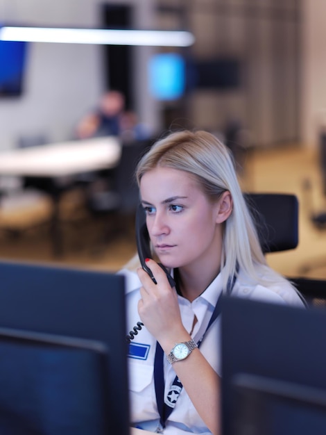 Female security guard operator talking on the phone while working at workstation with multiple displays Security guards working on multiple monitors