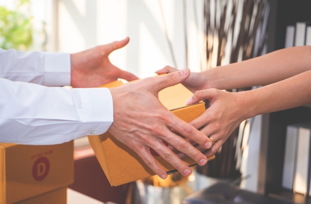 Imprenditore femminile a domicilio venditore pacchetto di gestione al cliente